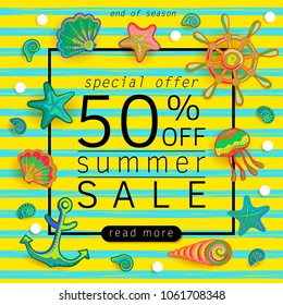 Summer Sale banner with pieces of marine items bright design. Vector eps 10 format