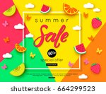 Summer Sale banner with pieces of ripe fruit, berries on colorful background. Vector eps 10 format