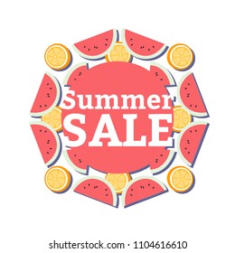 Summer Sale banner with pieces of ripe fruit, watermelon and orange on white background, bright label for market