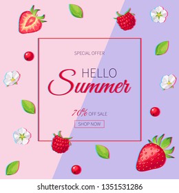 Summer Sale banner with pieces of ripe fruit, berries with anaglyph effect on colorful background. Vector illustration