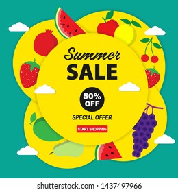 Summer Sale banner with pieces of ripe fruit, bright design. - Vector
