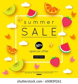 Summer Sale Banner With Pieces Of Ripe Fruit, Bright Design. Vector Eps 10 Format