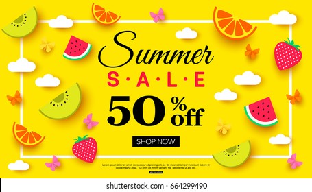 Summer Sale banner with pieces of ripe fruit, berries on colorful background. Vector eps 10 format