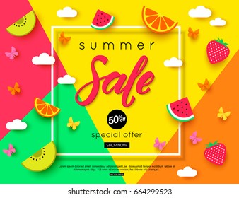 Summer Sale banner with pieces of ripe fruit, berries on colorful background. Vector eps 10 format