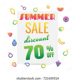 Summer Sale banner with pieces of ripe fruit, bright design. Vector illustration on white background. discount