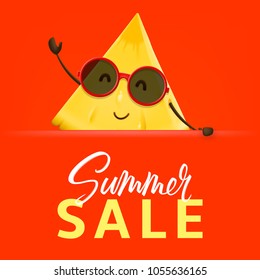 Summer sale banner with pineapple character. Vector illustration of cartoon slice of tropical fruit. Summer sale promo banner.