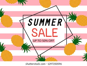 Summer sale banner with pineapple pattern on white and pink lines background