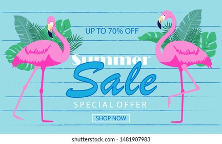 Summer sale banner with pink flamingo and tropical leaves background, exotic design for banner, flyer, invitation, poster, web site or greeting card. Vector illustration. Flat style