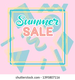 Summer sale banner with pink memphis background with blue abstract shapes. 80s geometric retro style vector illustration template for promotional flyer, card, print, poster. Eps10 