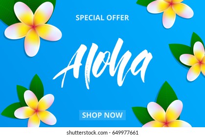 Summer sale banner with plumeria flowers and lettering Aloha for promotion, discount, sale, web