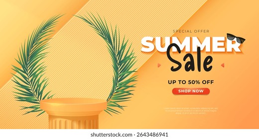 Um banner Summer Sale com um pódio na forma de uma coluna e folhas de palma atrás dele.