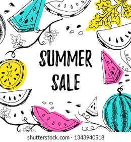 Summer sale banner postcard lettering text with hand drawn watermelons and colored shapes vector illustration. Summer sale flyer or banner or leflet concept template. Whole, parts, leaves and seeds.