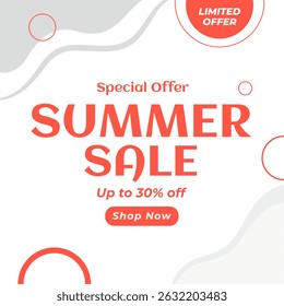 Summer Sale banner or poster with up to 30% off. Special Offer. Vector Illustration banner for social media ads. 30% off. Shop Now. Limited offer.