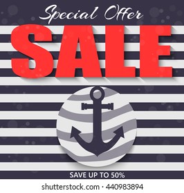 Summer Sale banner. Sale poster anchor. Vintage design. Vector illustration.