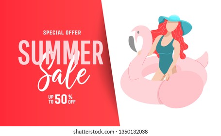 Summer sale banner poster design with concept of a beautiful young girl in a swimsuit, a hat sits on an inflatable pink flamingo