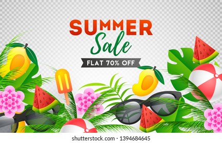 Summer Sale banner or poster design with 70% discount offer and summer elements decorated transparent background.