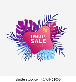 Summer sale banner. Summer Sale poster design for print or web. Vector discount banner. Summer time art design, travel, banner, discount template. Vector illustration.