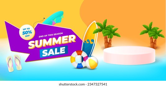 Summer sale banner and poster design with tropical beach background Vector. Realistic big and super sale summer vacation background design.