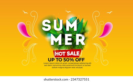 Summer sale banner and poster design with tropical beach background Vector. Realistic big and super sale summer vacation background design.