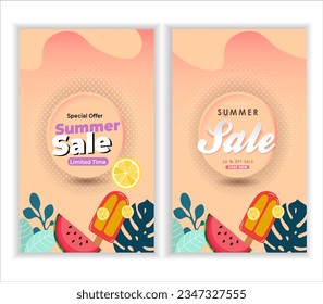 Summer sale banner and poster design with tropical beach background Vector. Realistic big and super sale summer vacation background design.