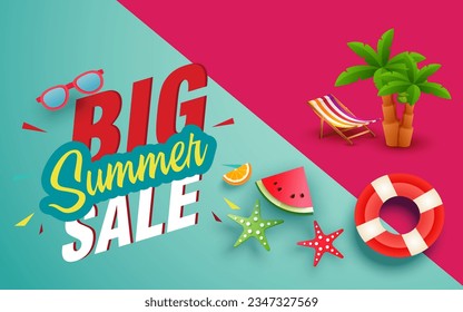 Summer sale banner and poster design with tropical beach background Vector. Realistic big and super sale summer vacation background design.