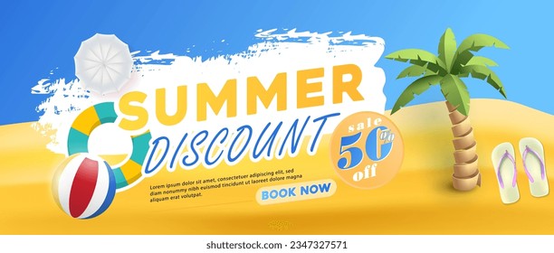 Summer sale banner and poster design with tropical beach background Vector. Realistic big and super sale summer vacation background design.