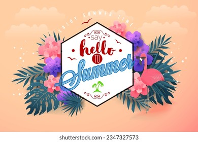 Summer sale banner and poster design with tropical beach background Vector. Realistic big and super sale summer vacation background design.
