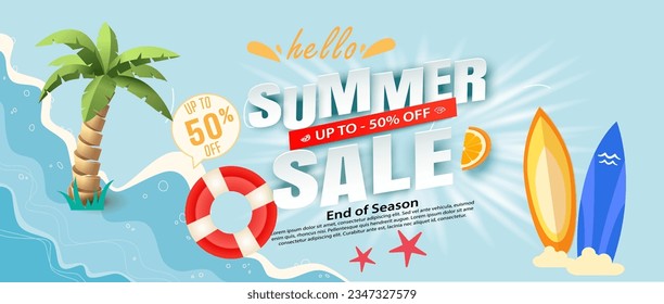 Summer sale banner and poster design with tropical beach background Vector. Realistic big and super sale summer vacation background design.