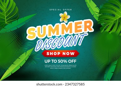 Summer sale banner and poster design with tropical beach background Vector. Realistic big and super sale summer vacation background design.