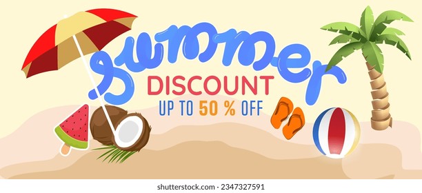 Summer sale banner and poster design with tropical beach background Vector. Realistic big and super sale summer vacation background design.