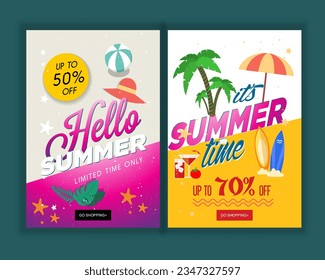 Summer sale banner and poster design with tropical beach background Vector. Realistic big and super sale summer vacation background design.