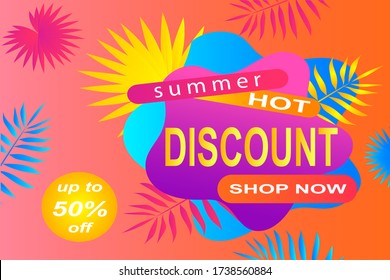Summer sale banner, poster with discount for hot season banner with tropical leaves. Invitation for shopping with 50 percent price off, special offer card,template for design. Vector