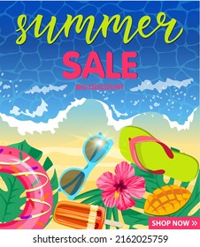 Summer sale banner or poster. Summer sale discount End of season banner on a beautiful beach. Vacation season, weekend, holiday logo. Shopping promotion template for summer season. Fashionable style.