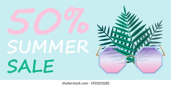 Summer Sale banner - a poster with fashionable pink glasses and palm leaves on a blue background witn text. Stock vector illustration is suitable for a poster, web banner or advertising stand