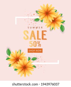 Summer sale banner poster with flower and green leaves for business shop promotion for banner, poster online website presentation