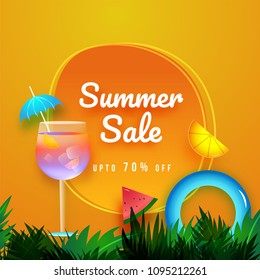 Summer sale banner, poster or flyer design with mocktail, and other summer elements. 