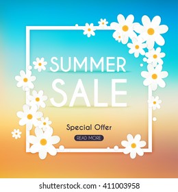 Summer Sale Banner. Poster, Flyer,  Vector. Blurred background. 