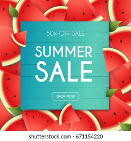 Summer Sale Banner. Poster, Flyer, Vector. Slices of watermelon on a background. 