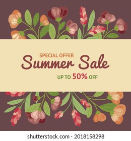 Summer sale banner, poster, frame, flyer with blue and pink flowers in hand drawn style.