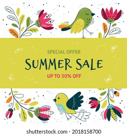 Summer sale banner, poster, frame, flyer with blue and pink flowers in hand drawn style. Illustration in scandinavian style 