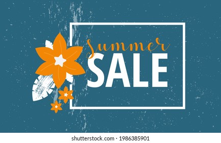 Summer sale banner or poster with orange flowers. Shopping template with blue background for seasonal promotion. Trendy lettering. Vector flat design illustration.
