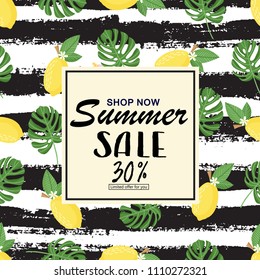 Summer sale banner, poster with palm leaves, flowers, jungle leaf and handwriting lettering. Floral tropical summer background. Vector