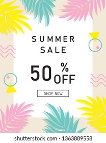 Summer sale banner, poster with palm leaves vector.