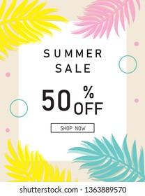 Summer sale banner, poster with palm leaves vector.