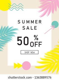 Summer sale banner, poster with palm leaves vector.