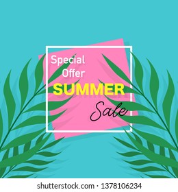 Summer sale banner. Poster with palm leaves. Tropical background. Vector illustration