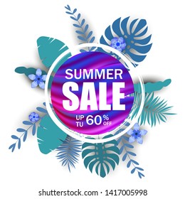 Summer Sale banner, poster with palm leaves, jungle leaf, gradient holographic. Floral tropical summer background. Vector illustration template
