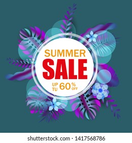 Summer Sale banner, poster with palm leaves, jungle leaf, gradient holographic. Floral tropical summer background. Vector illustration template