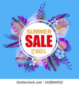 Summer Sale banner, poster with palm leaves, jungle leaf, gradient holographic. Floral tropical summer background. Vector illustration template