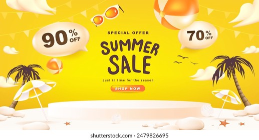 Summer sale banner poster with podium display and summer beach sunset scene design background